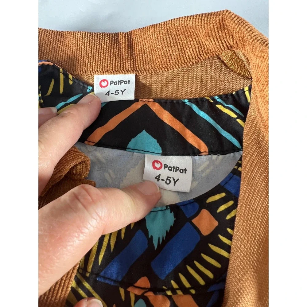 PatPat Girls 4-5Y Brown Corduroy Jacket Geometric Print Dress‎ Set